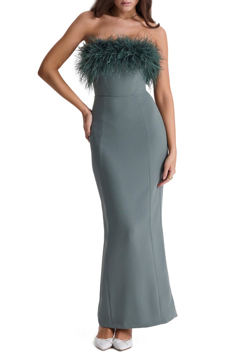 Juliene Strapless Feather Bodice Crepe Cocktail Dress, Main, color, DARK EUCALYPTUS