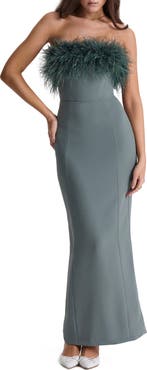 HOUSE OF CB Juliene Strapless Feather Bodice Crepe Cocktail Dress