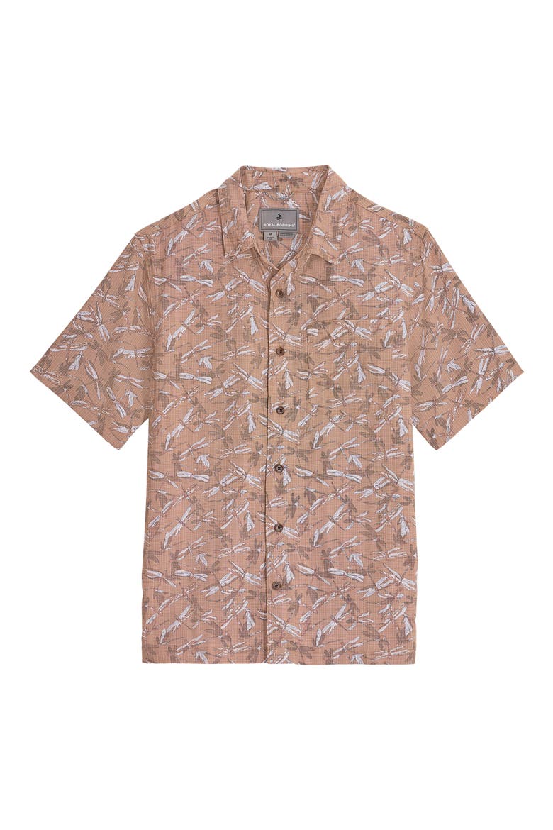 Camino Pucker Short Sleeve Button-Up Shirt, Main, color, PECAN DRAGONFLY
