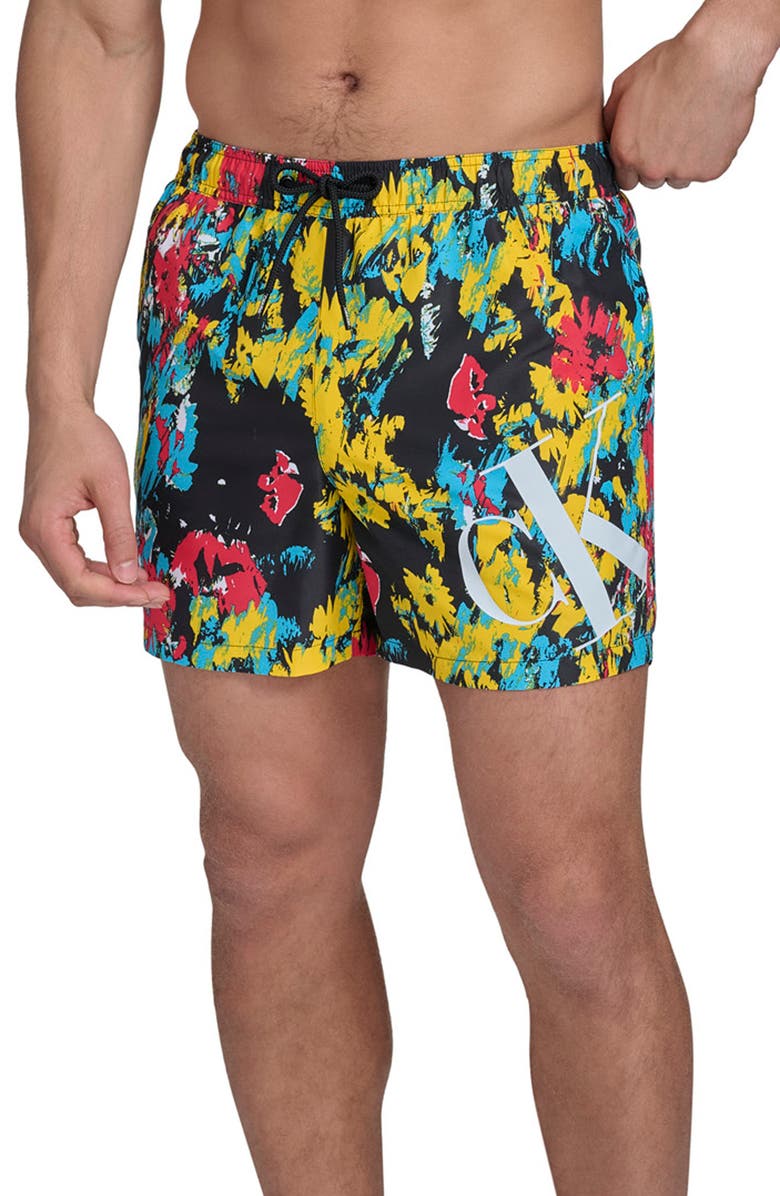 Calvin Klein CK Outline Volley Swim Trunks, Main, color, Black Floral