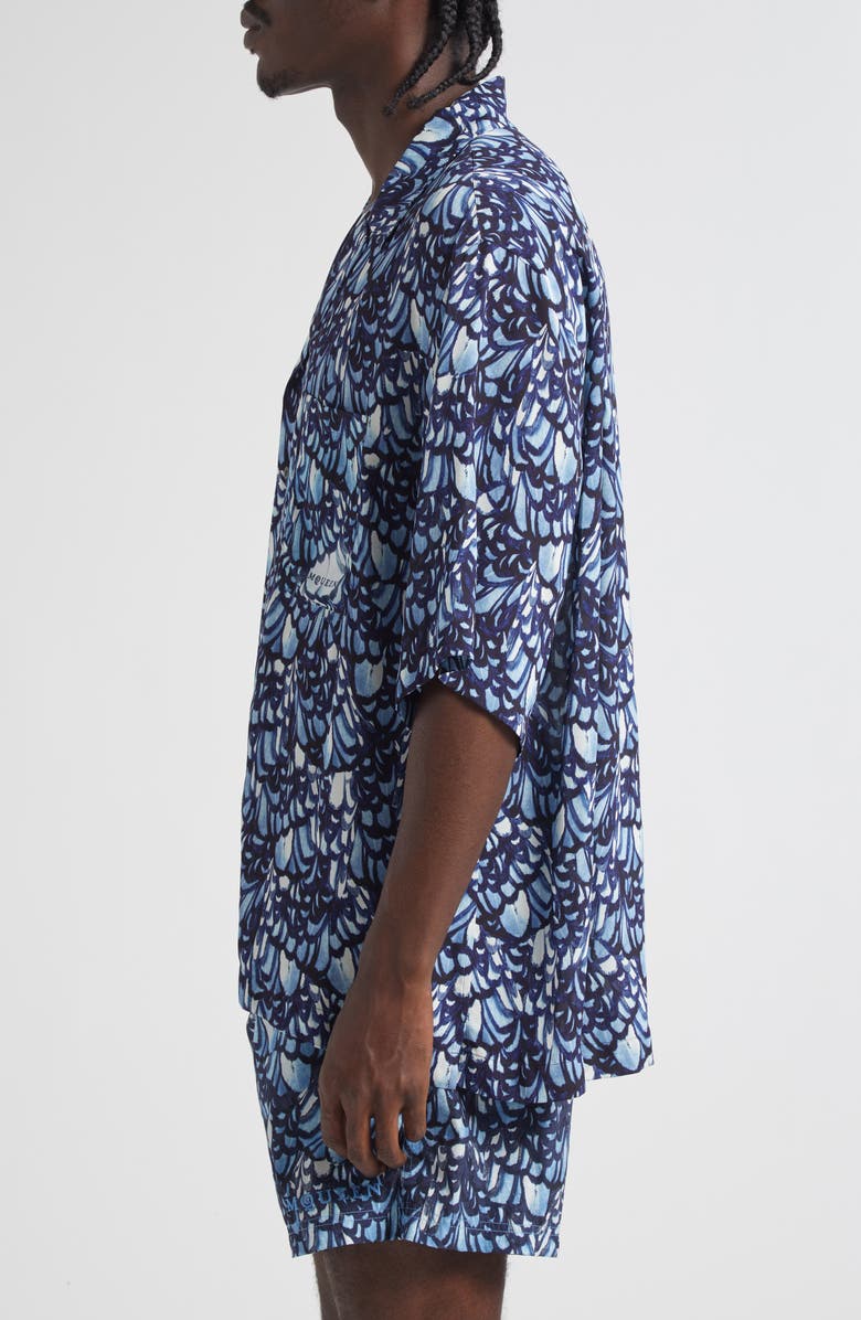 McQueen Feather Print Boxy Camp Shirt, Alternate, color, Blue