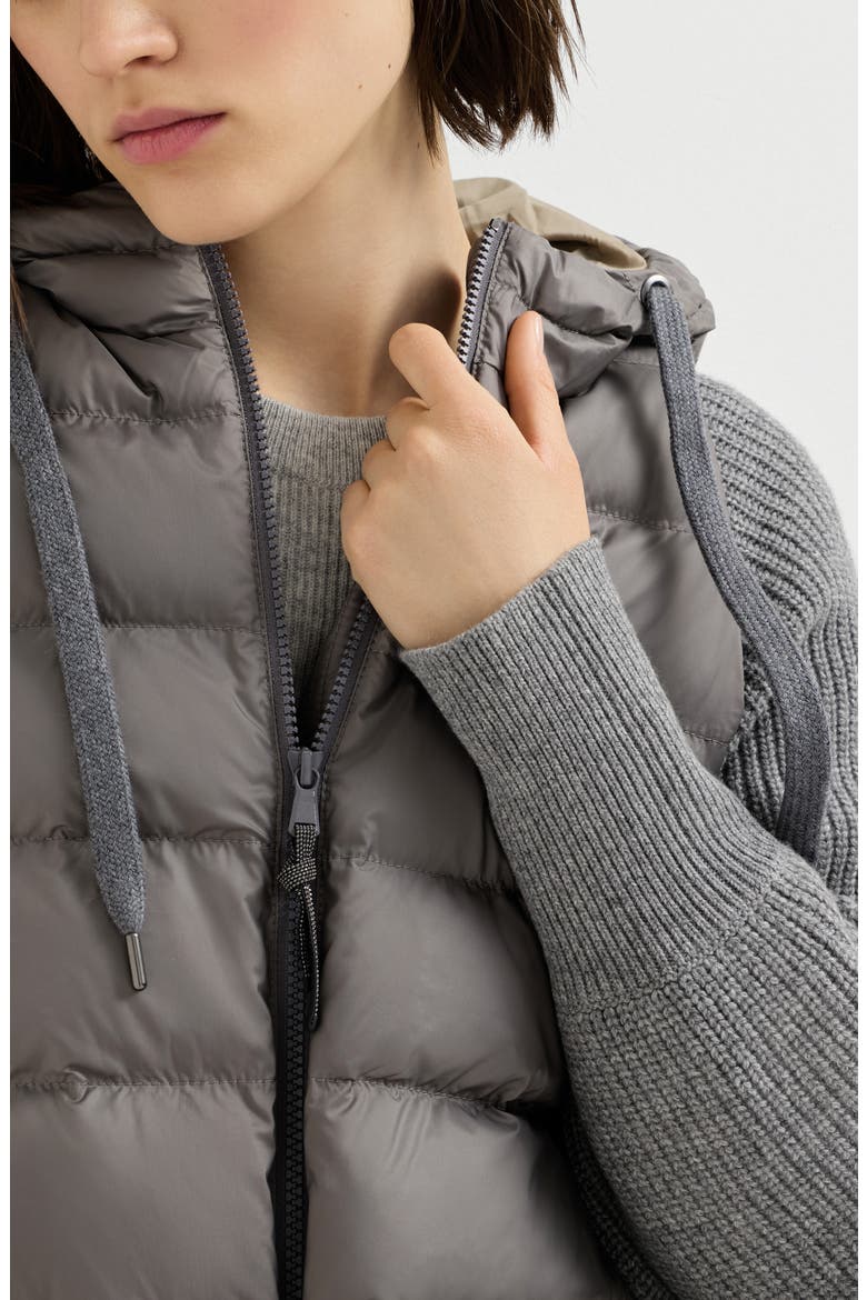 Water-resistant matte nylon hooded down jacket with monili and sleeves in virgin wool, cashmere and silk knit, Alternate, color, Medium Grey