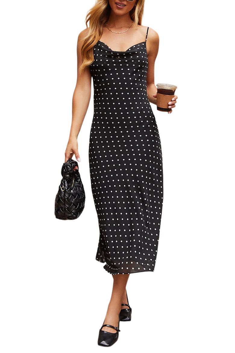 Ainsley Polka Dot Midi Slipdress, Main, color, BLACK