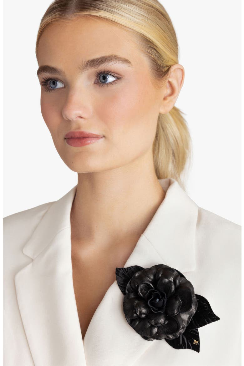 The Small Black Gardenia Floral Brooch, Alternate, color, Black