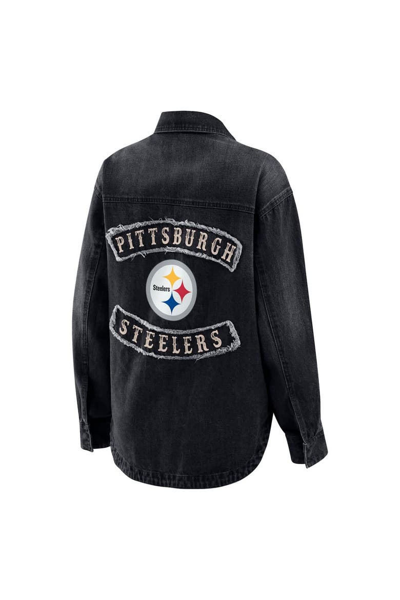 Women's WEAR by Erin Andrews Black Pittsburgh Steelers Washed Oversized Denim Full-Snap Shacket, Alternate, color, Black