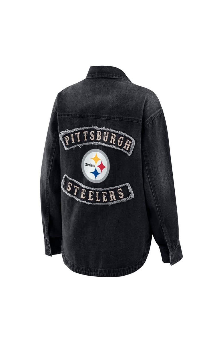 WEAR by Erin Andrews Women's WEAR by Erin Andrews Black Pittsburgh Steelers Washed Oversized Denim Full-Snap Shacket, Alternate, color, Black