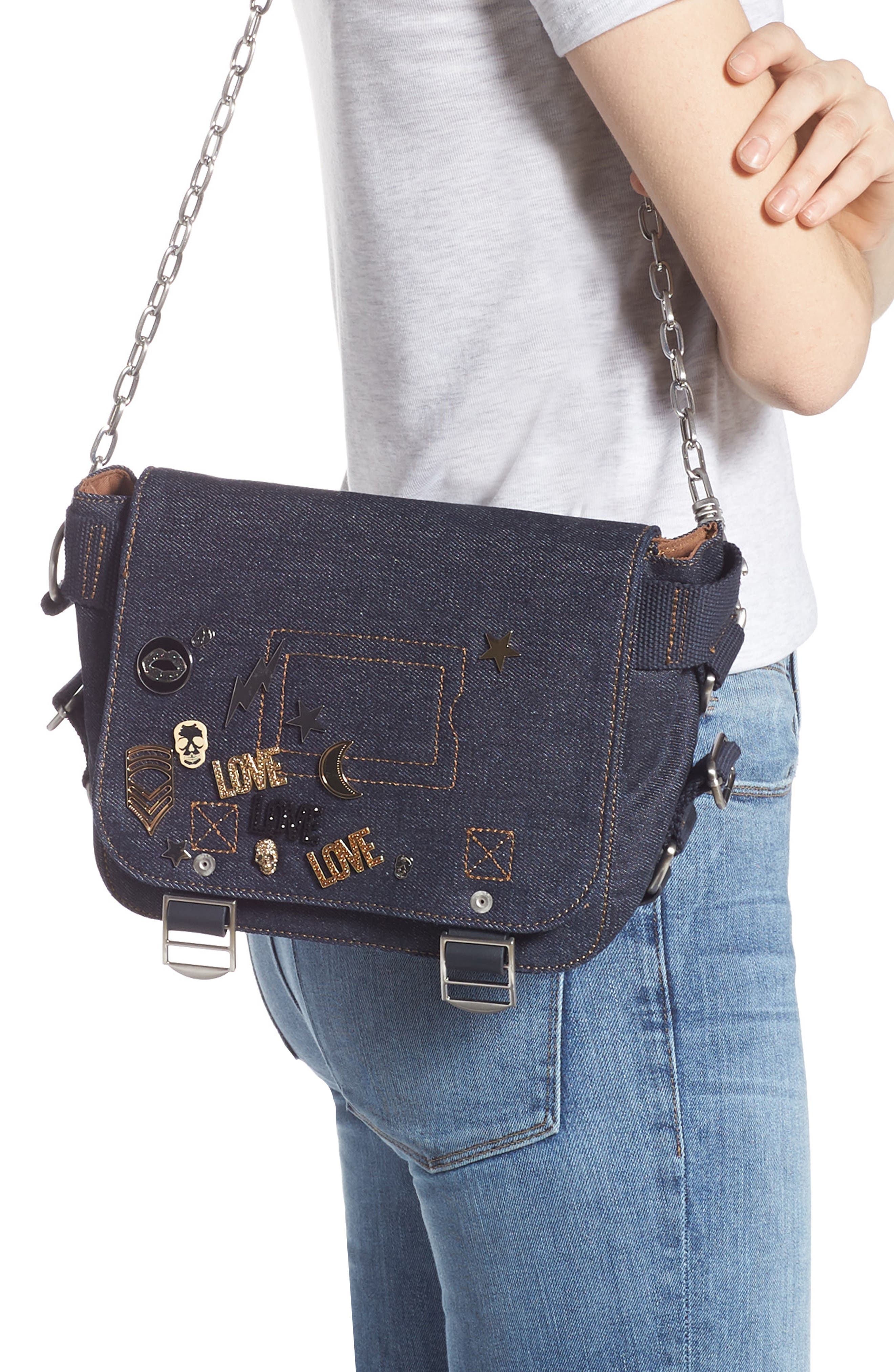 Zadig & Voltaire XS Ready Made Denim Canvas Messenger Bag, Alternate, color, 
