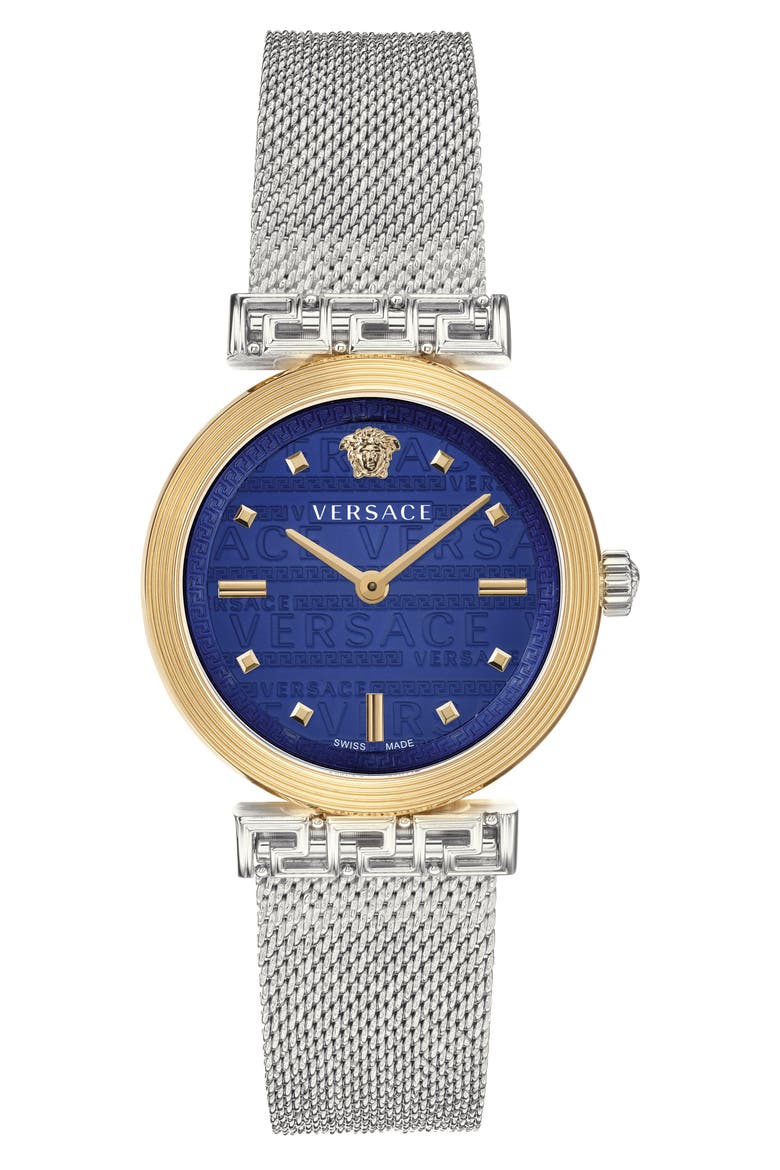 Greca Detailed Mesh Band Watch, 34mm, Main, color, SILVER/ BLUE/