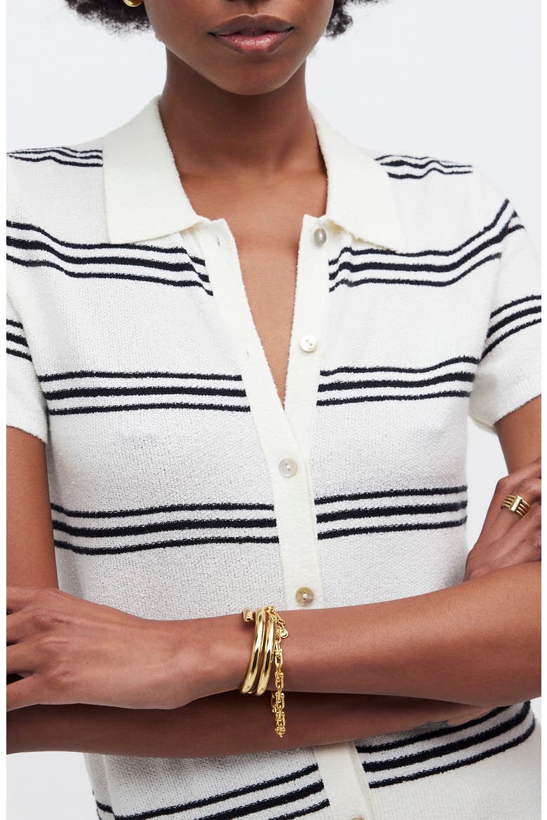 Stripe Knit Short Sleeve Button-Up Shirt, Alternate, color, BRIGHT IVORY