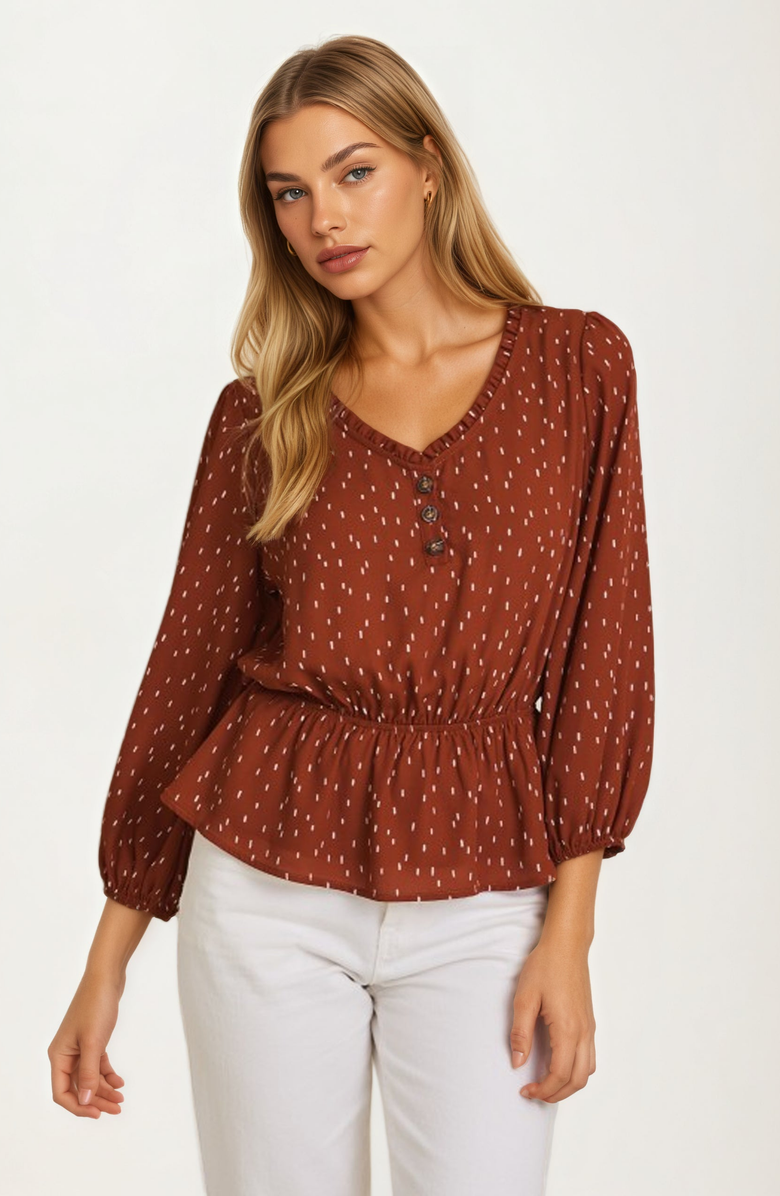 Knit and Lounge V-Neck Button Front Peplum Blouse, Main, color, 