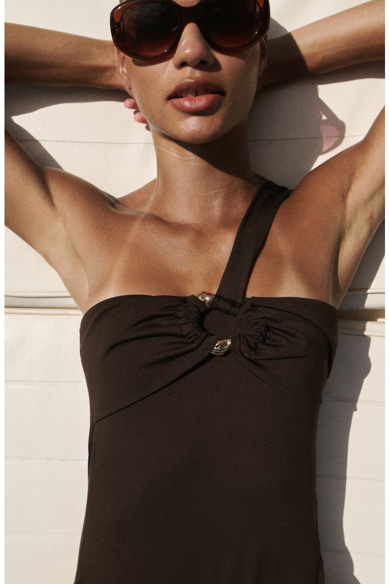 Asymmetric One-Piece Swimsuit, Alternate, color, BROWN