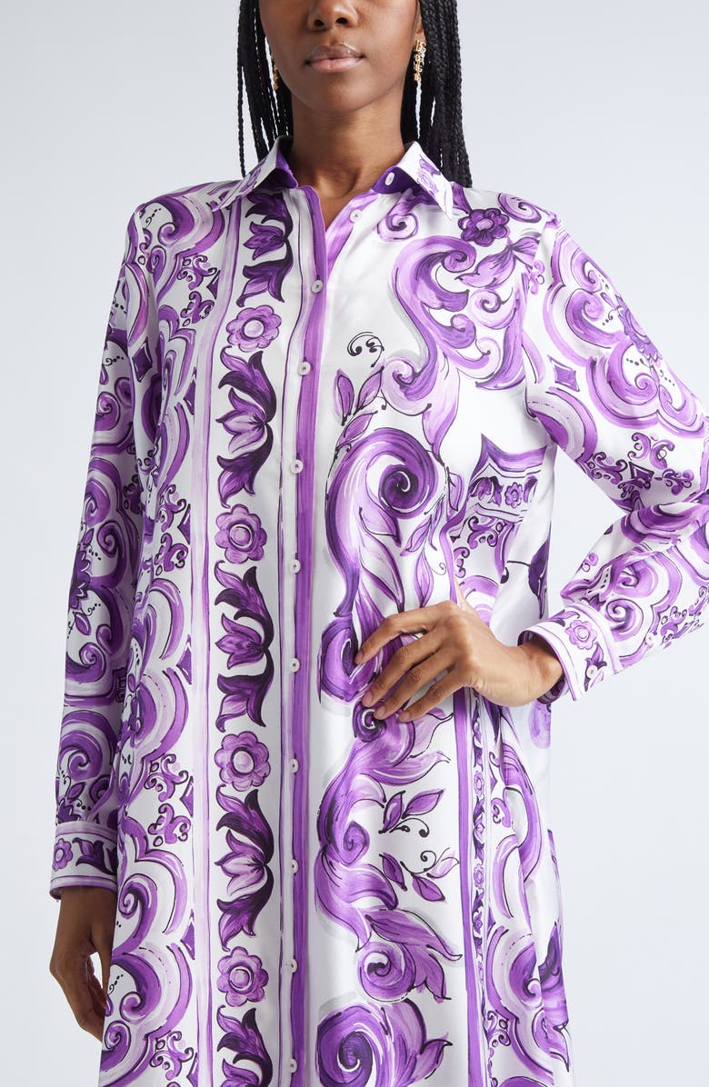 Dolce&Gabbana Majolica Print Long Sleeve Silk Shirtdress, Alternate, color, Ip3tn Mix Maiolica Viola