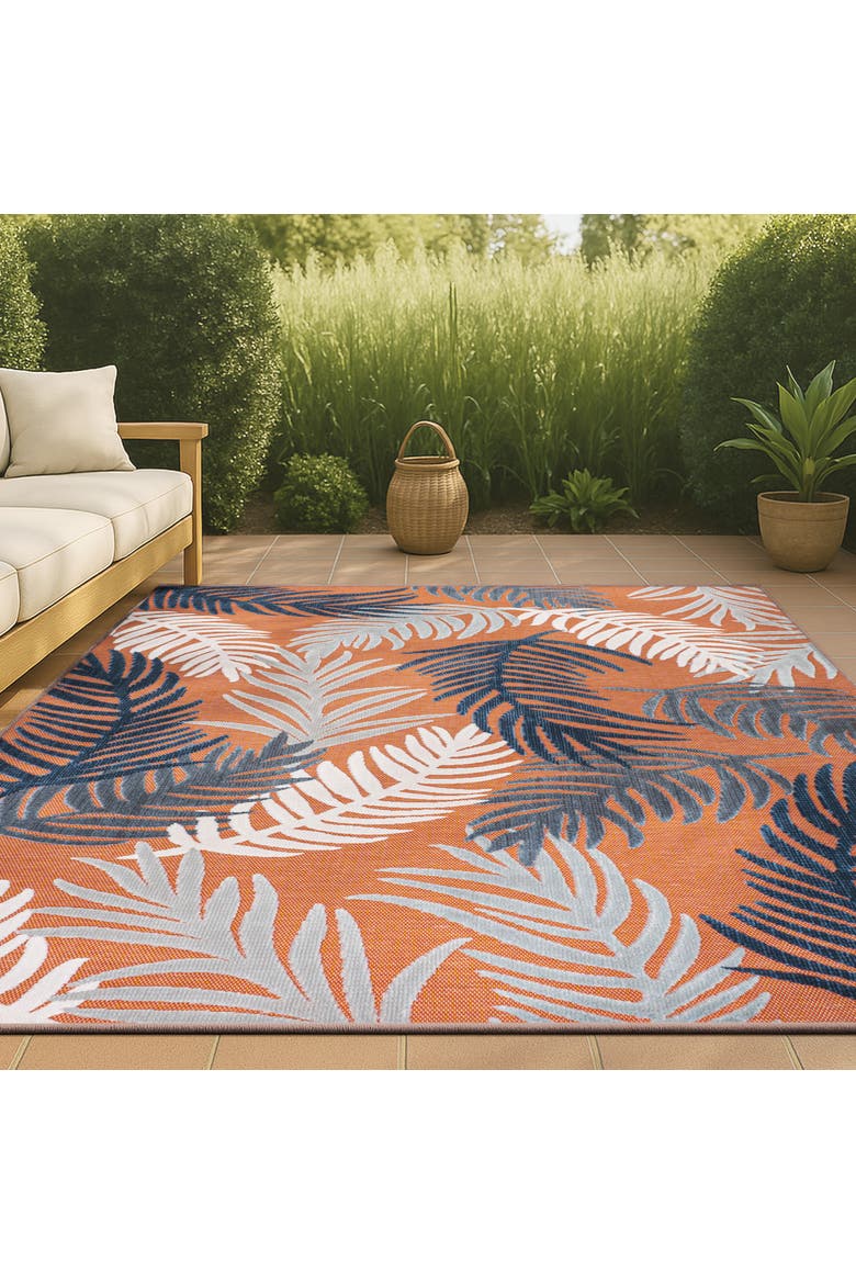 Montego High-Low Tropical Palm Indoor/Outdoor Area Rug, Alternate, color, Orange/Navy/Ivory