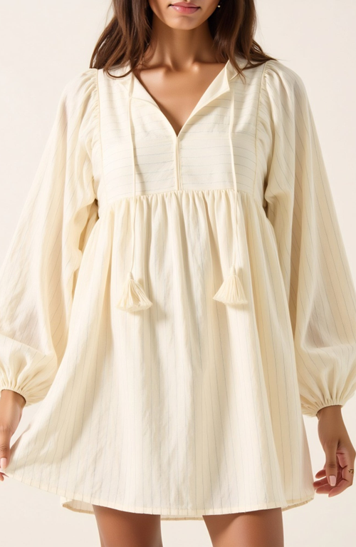 Modenaire Striped Tassel Tie Mini Dress With Balloon Sleeves In Neutral