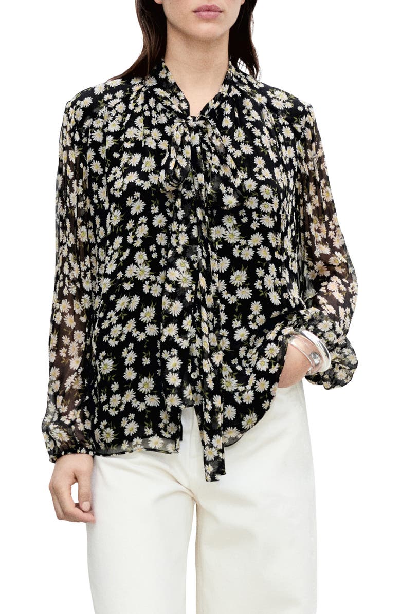MANGO Belle Floral Chiffon Tie Neck Top, Main, color, Black