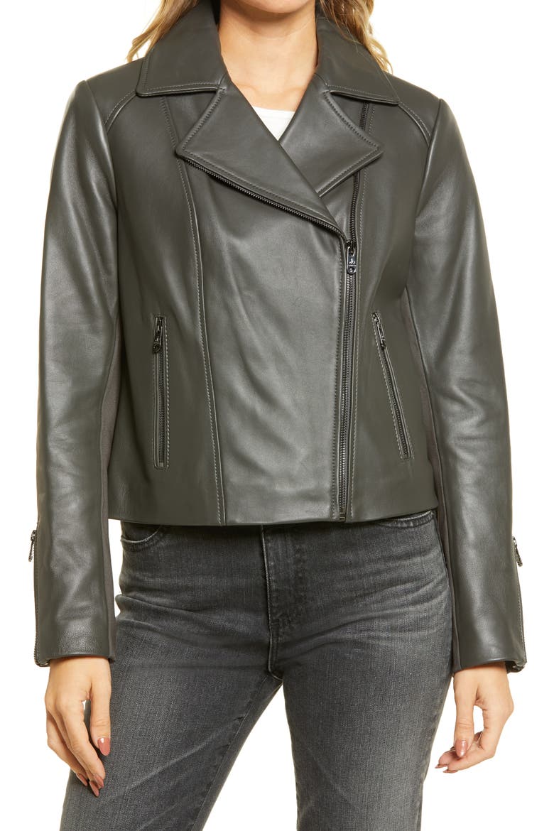 Leather Moto Jacket, Alternate, color, STEEL