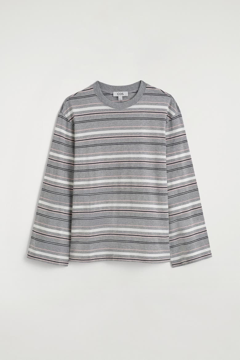Brushed-Cotton Long-Sleeved T-Shirt, Alternate, color, GRAY / STRIPED