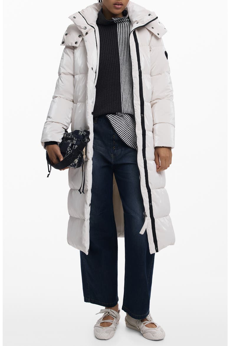 Quilted Puffer Longline Coat with Removable Hood, Main, color, WHITE