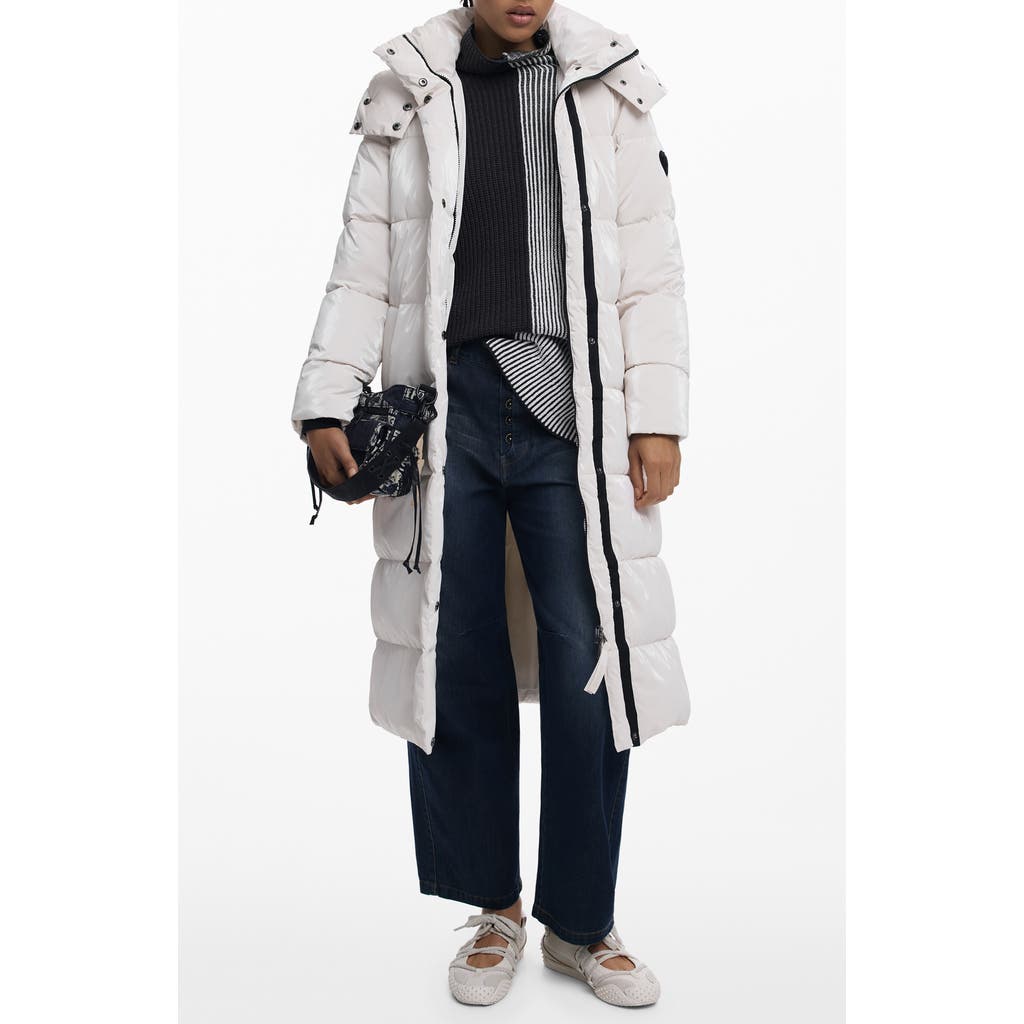 Desigual Quilted Puffer Longline Coat With Removable Hood In White