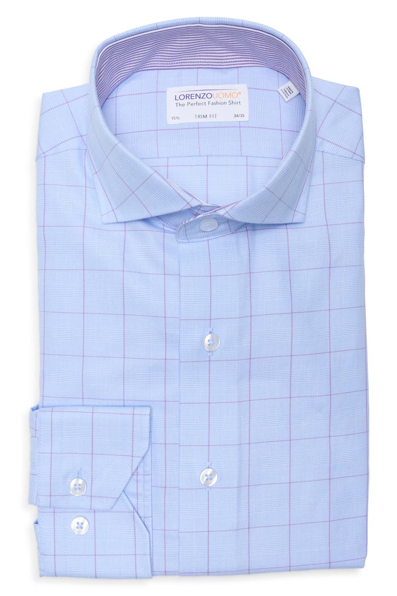 Trim Fit Textured Windowpane Dress Shirt, Alternate, color, LIGHT BLUE