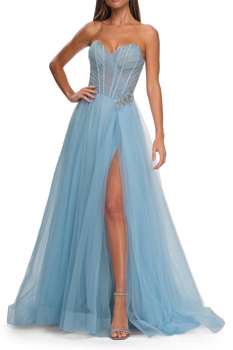 Strapless A-line Tulle Dress with Floral Waist Detail, Alternate, color, Cloud Blue