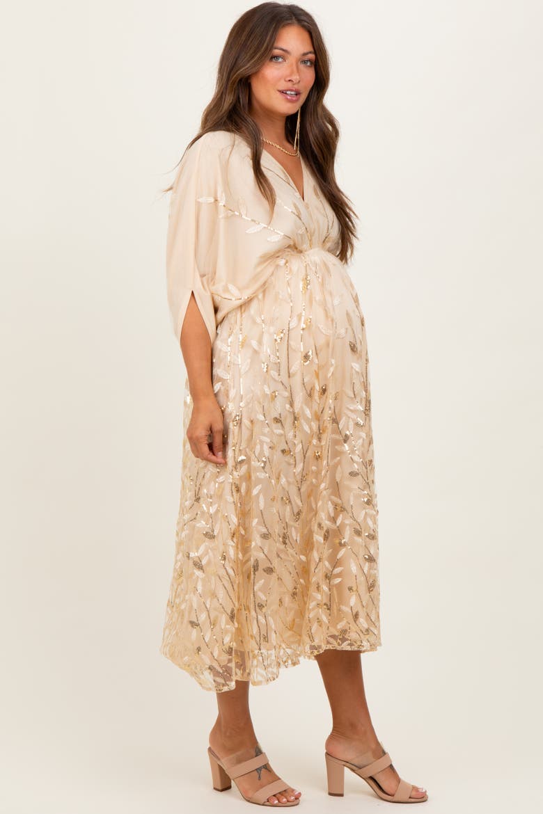Embroidered Tulle Dolman V-Neck Midi Dress, Alternate, color, Gold