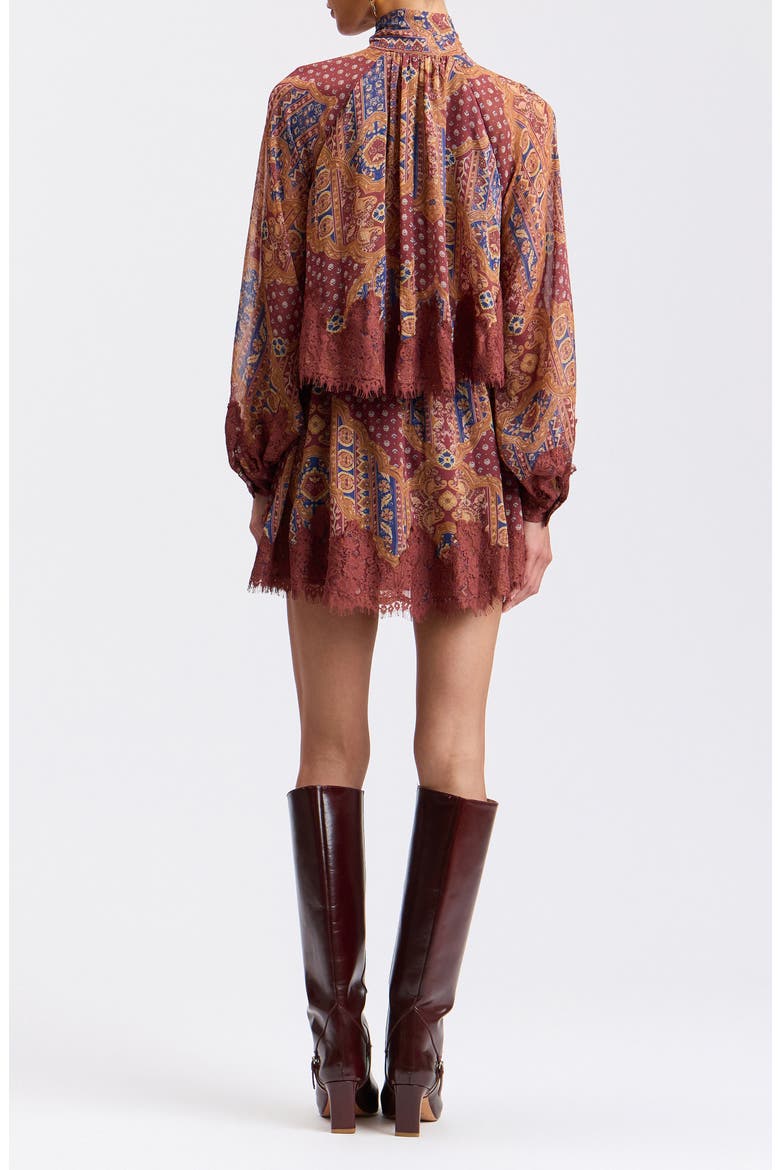 Long Sleeve Scarf Print Georgette Minidress, Alternate, color, COGNAC MEDALLION SCA
