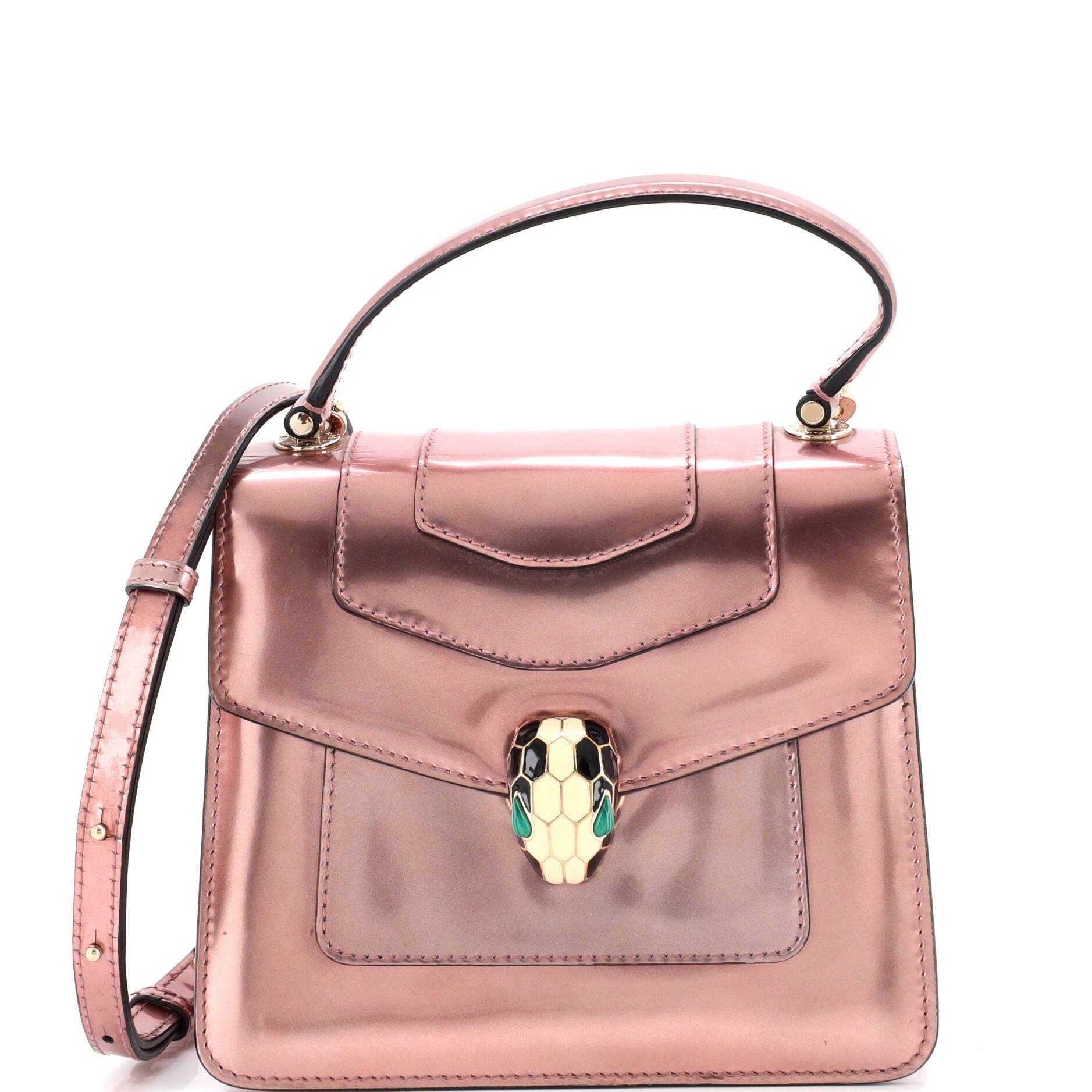 Serpenti Top Handle Bag Patent Small, Main, color, Metallic Silver