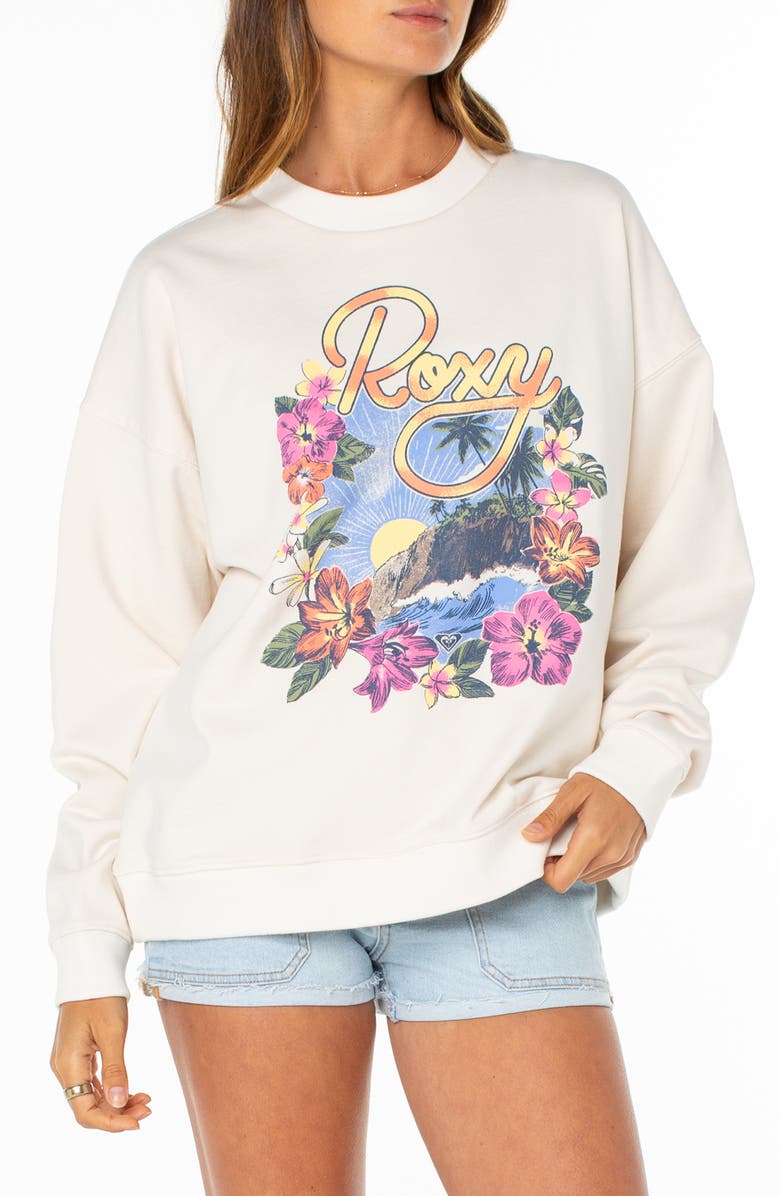 Roxy Lineup Oversize Fleece Graphic Sweatshirt, Main, color, Dew