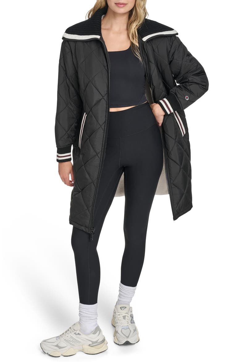 Diamond Quilted Faux Shearling Lined Coat, Alternate, color, BLACK