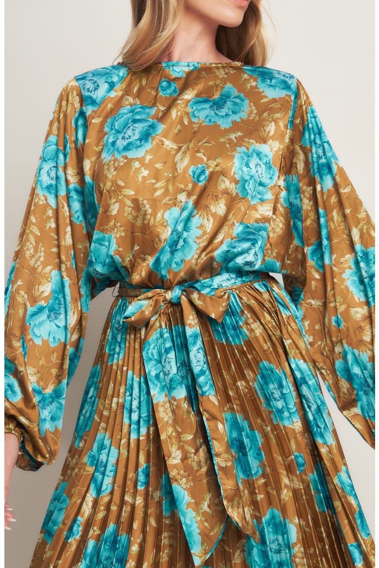 Long Sleeve Print Pleated Maxi Dress, Alternate, color, DIJON