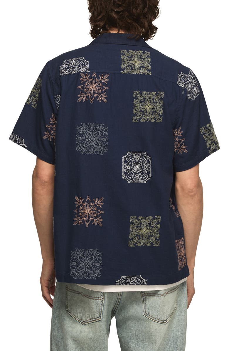 Lucky Brand Embridered Tile Pattern Cotton Camp Shirt, Alternate, color, Blue Multi