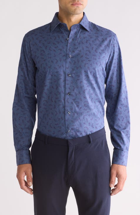 Trim Fit Leaf Print Cotton Dress Shirt