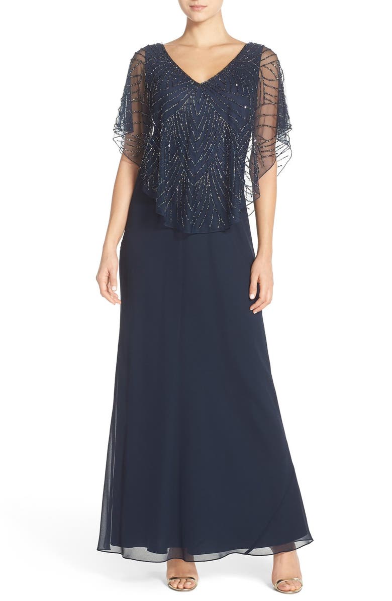J Kara Embellished Cape Overlay Chiffon Gown, Main, color, 