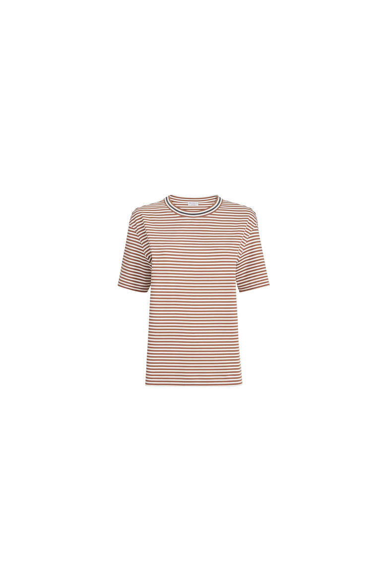 Striped cotton jersey t-shirt with precious neckline, Alternate, color, Light Brown