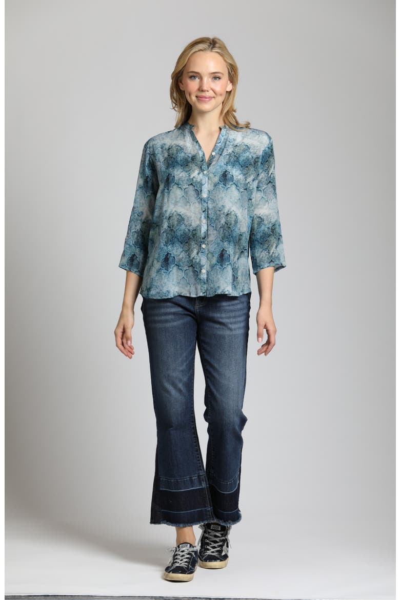 Tile Print Mandarin Collar Button-Up Shirt, Alternate, color, BLUE MULTI