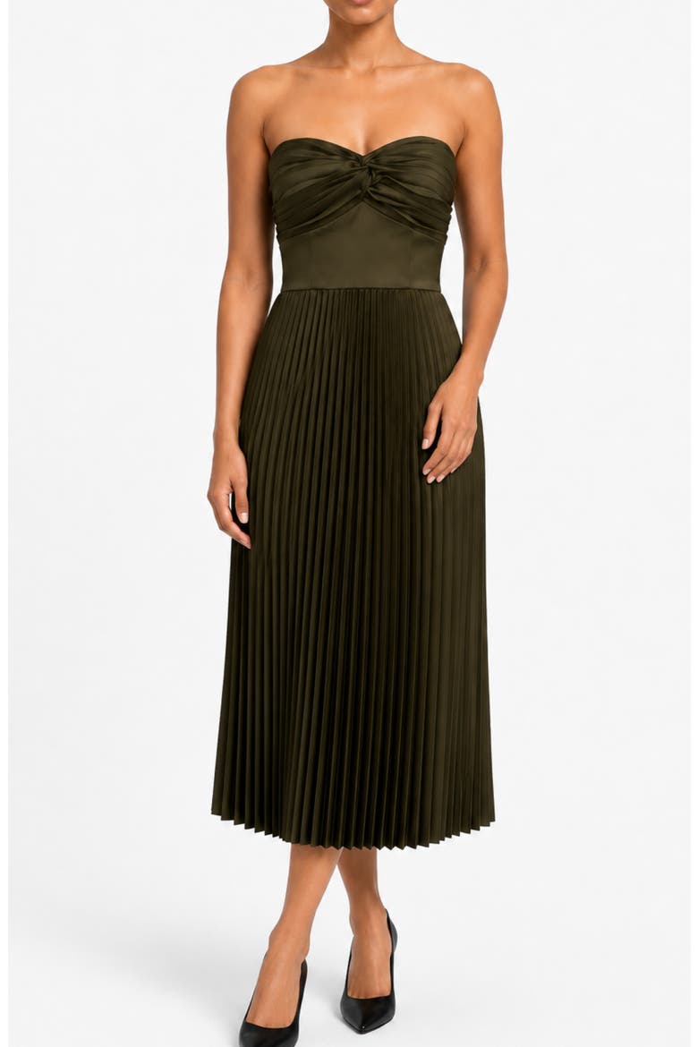 Twist Sweetheart Satin Pleated Midi Dress, Alternate, color, DEEP OLIVE