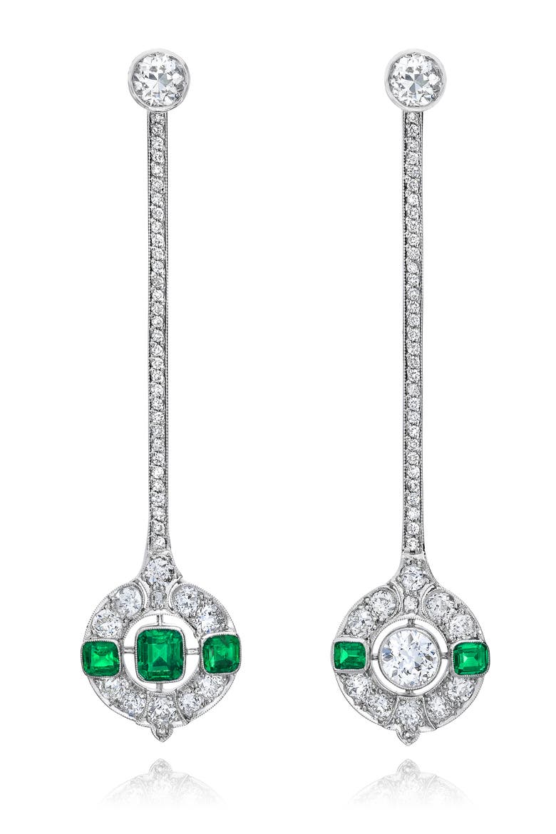 Mismatch Diamond & Emerald Linear Drop Earrings, Main, color, PLATINUM/ DIAMOND/ EMERALD