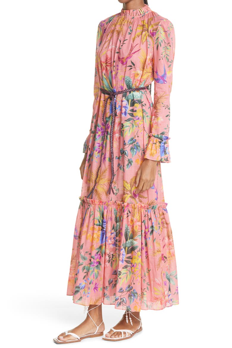 Tropicana Floral Print Frill Long Sleeve Cotton Voile Dress, Alternate, color, CORAL FLORAL