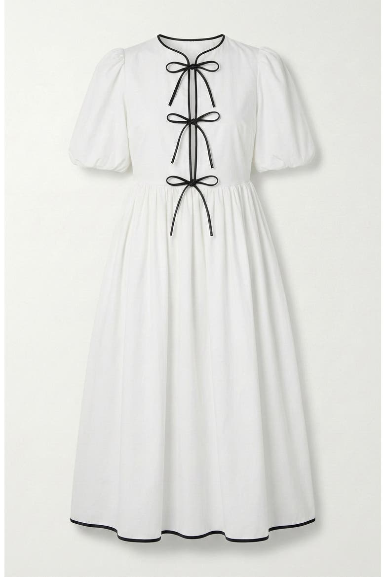 Puff Sleeve Midi Dress with Tiered Front Ties and Contrast Trim, Alternate, color, White / Black Trim