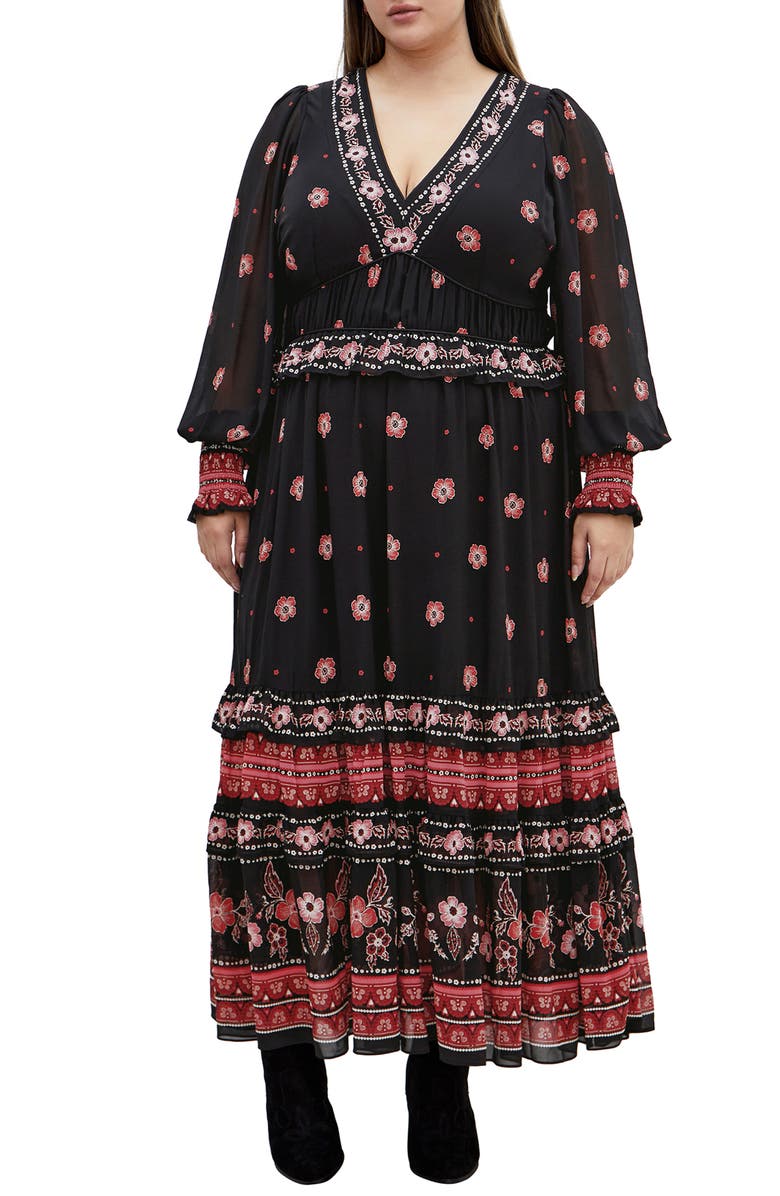 City Chic Eleni Batik Border Print Long Sleeve Maxi Dress, Main, color,