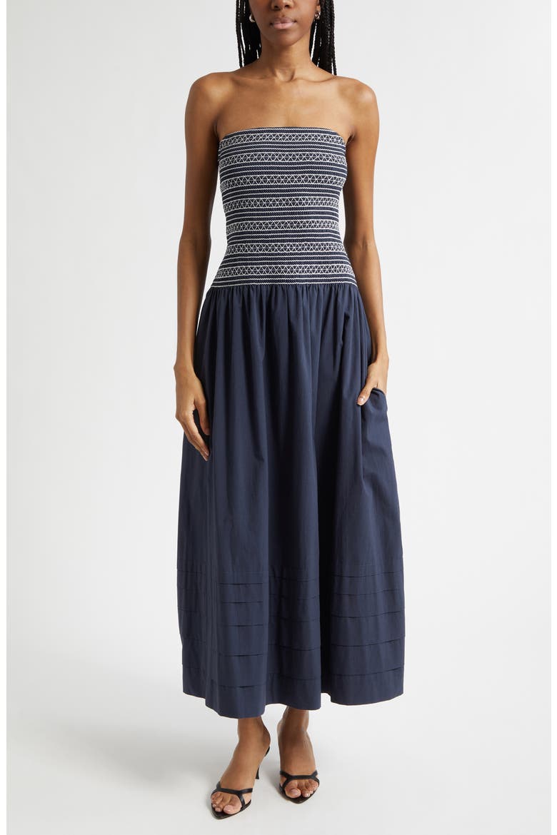 Jace Cotton Poplin Strapless Smocked Maxi Dress, Main, color, NAVY