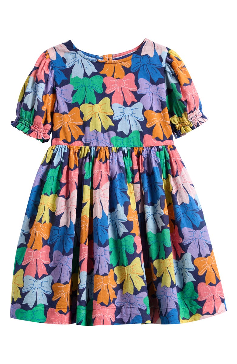 Mini Boden Kids' Madeline Bow Print Cotton Dress, Main, color, Multi Rainbow Bows