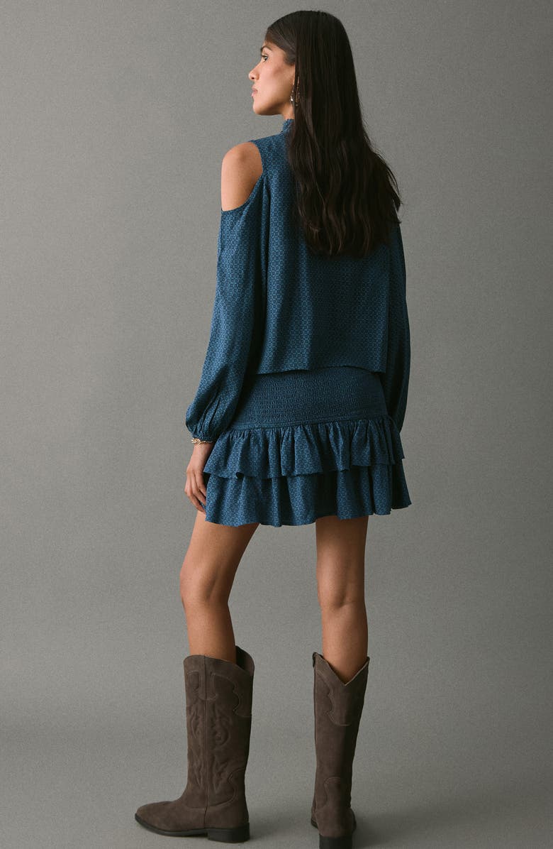 MANGO TEEN Tired Ruffle Print Skirt, Alternate, color, Navy