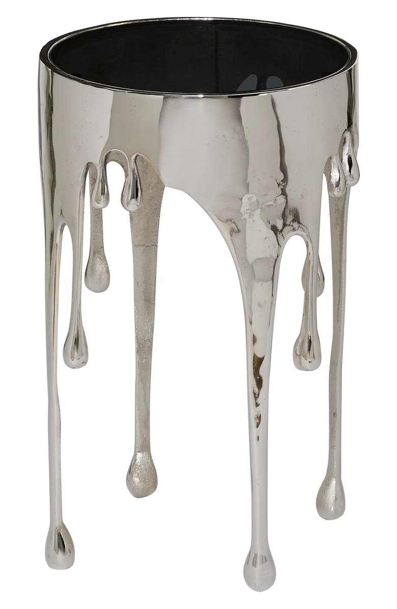 VIVIAN LUNE HOME Silver Aluminum Drip Accent Table with Melting Designed Legs and Shaded Glass Top, Alternate, color, 