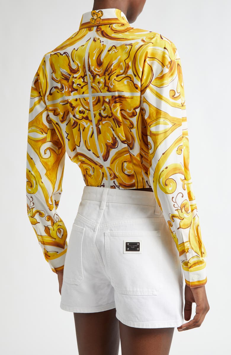 Dolce&Gabbana Majolica Tie Hem Cotton Button-Up Shirt, Alternate, color, Mix Maiolica Giall