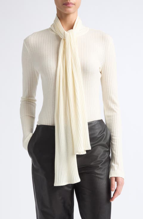 Ribbed Tie Neck Blouse