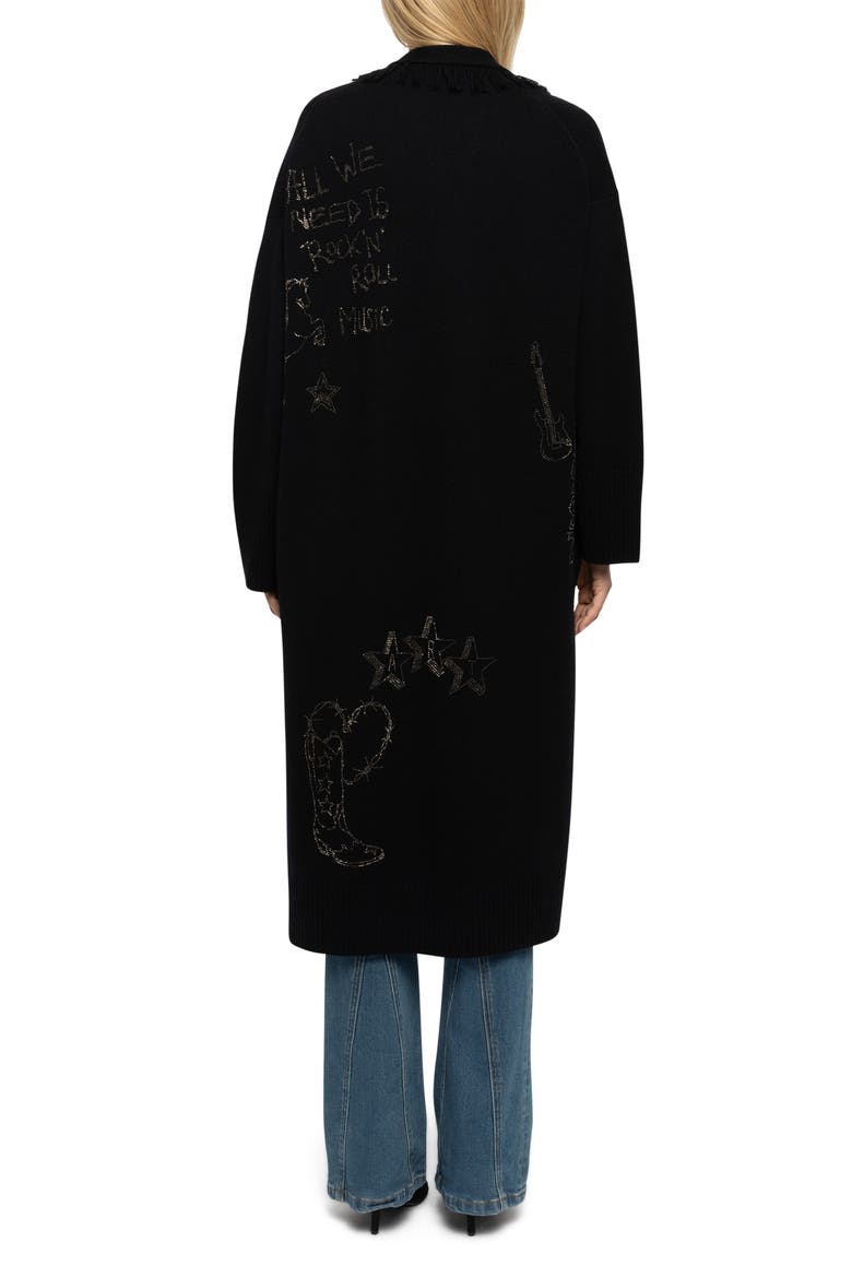 Cami Rhinestone Fringe Trim Longline Wool & Cashmere Sweater, Alternate, color, BLACK