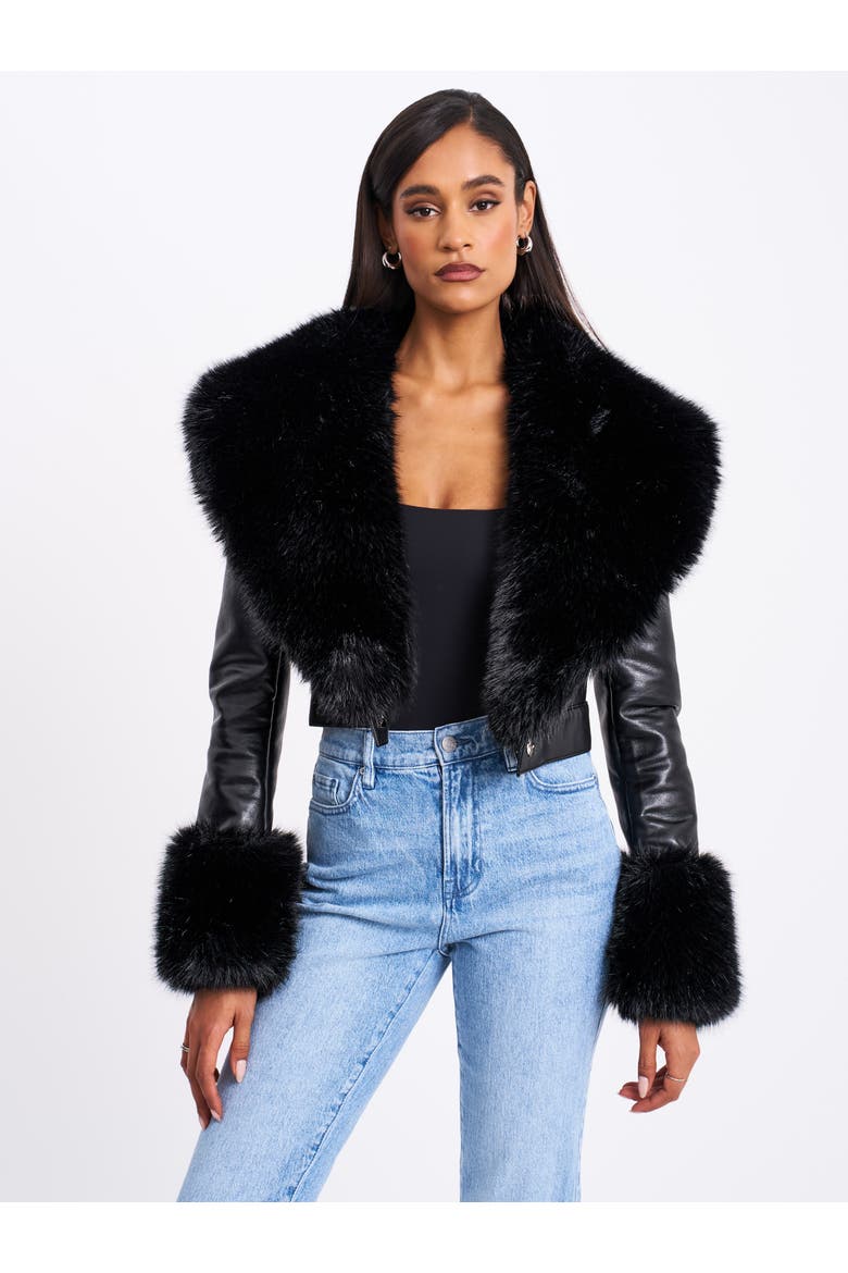 Ziah Cropped Leather Jacket with Fur Collar, Alternate, color, Black