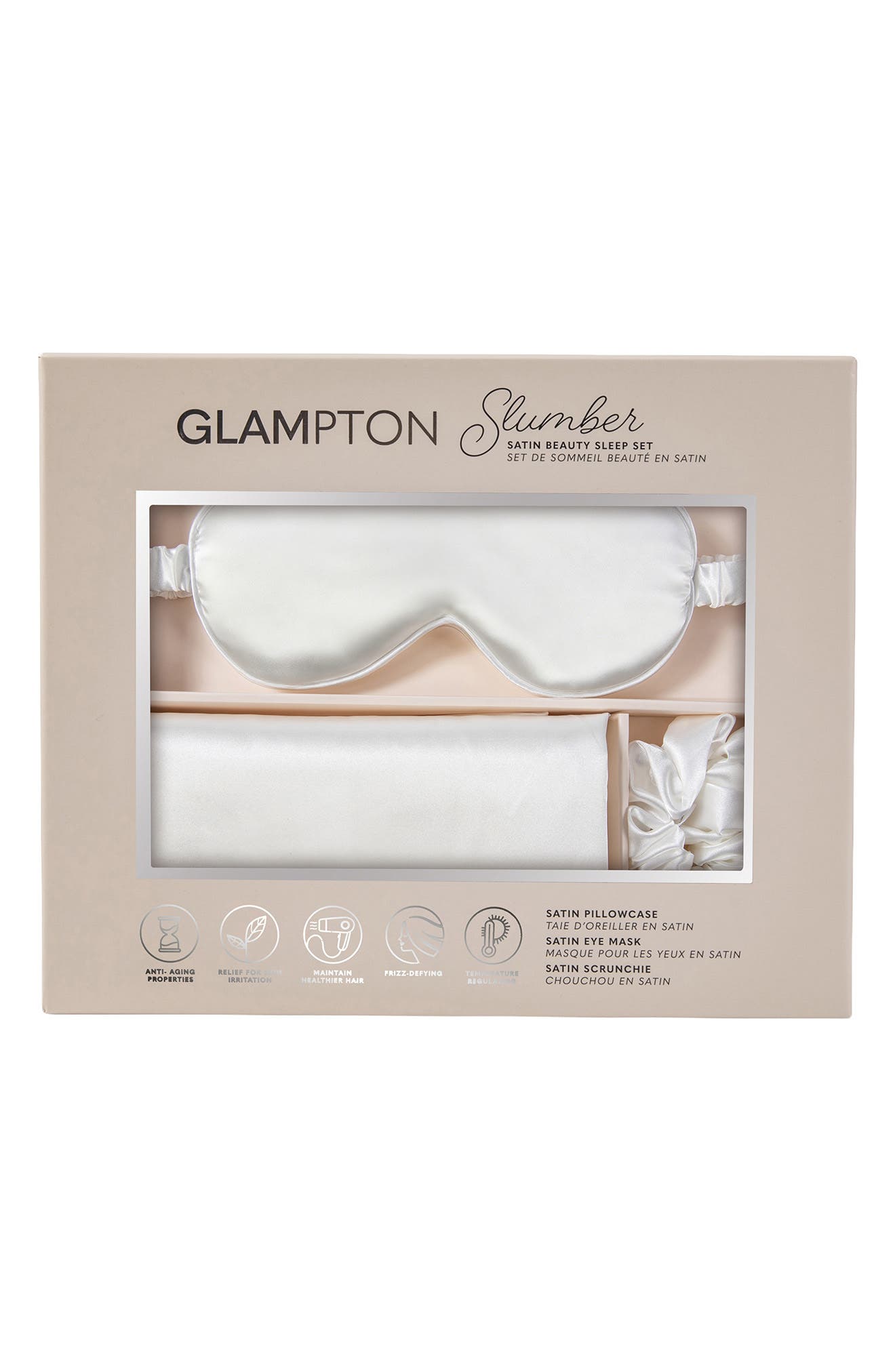 GLAMPTON Satin Pillowcase, Scrunchi & Mask Set
